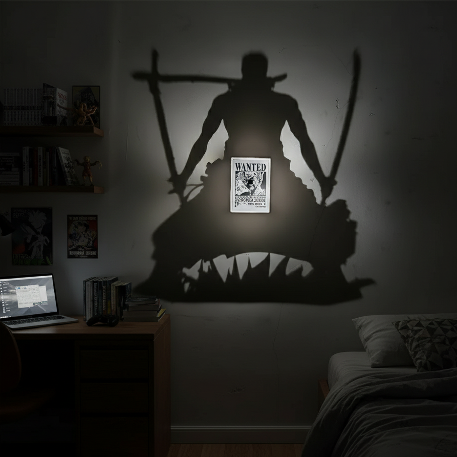 lámpara sombra anime encendida proyectando figura en pared