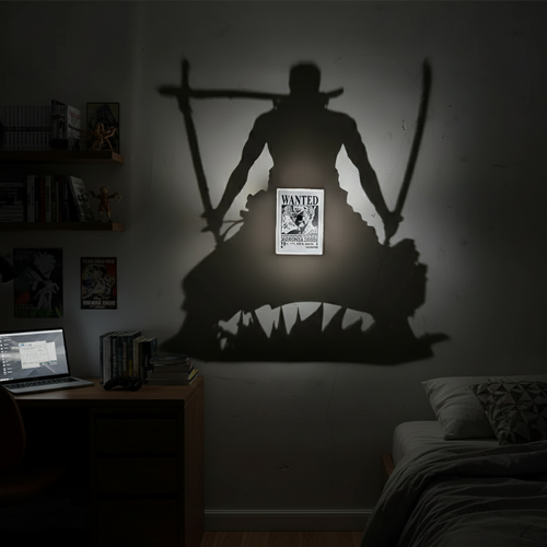 lámpara sombra anime encendida proyectando figura en pared