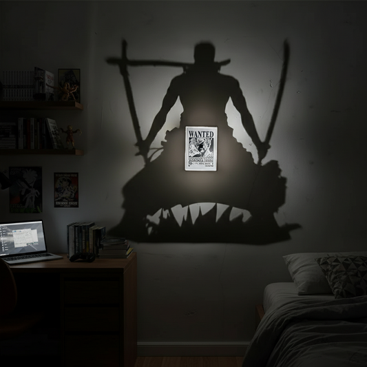 lámpara sombra anime encendida proyectando figura en pared